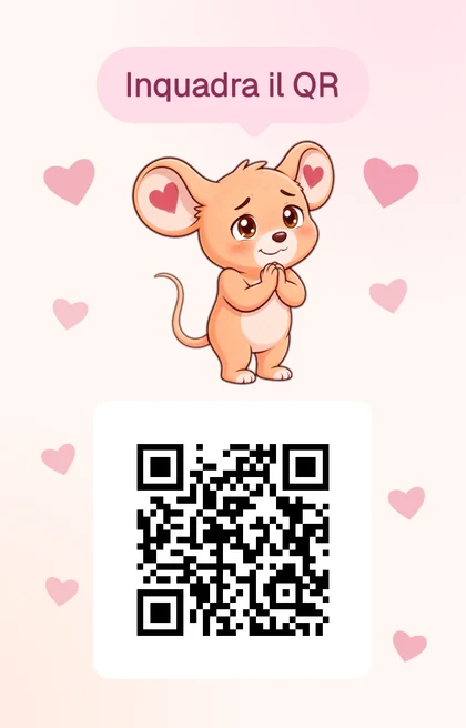 Retro della cartolina stampata: il topolino e il codice QR che apre l'invito