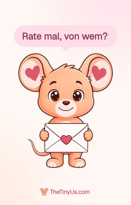 Vorderseite der gedruckten Karte mit der Maus, die einen Brief hält und fragt: „Rate mal, von wem?“