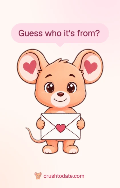 Front of the printed card: the mouse holds a letter and asks "Guess who it's from?"