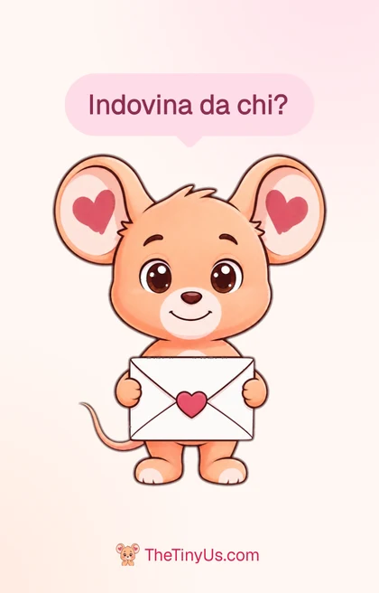 Fronte della cartolina stampata: il topolino tiene una lettera e chiede "Indovina da chi?"