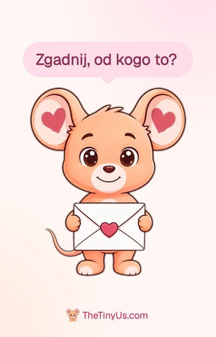 Przód drukowanej kartki: mysz trzyma list i pyta „Zgadnij, od kogo?”