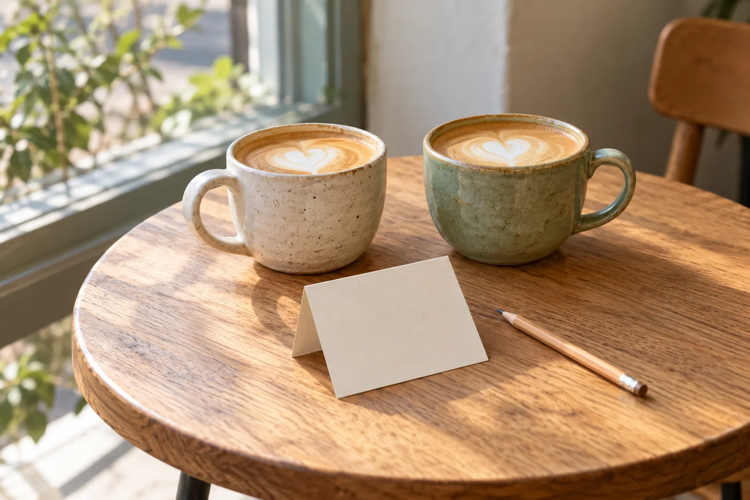Two coffee cups and a small folded note on a cafe table