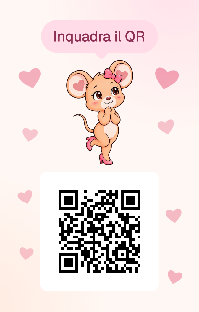 Retro della cartolina stampata: il topolino e il codice QR che apre l'invito