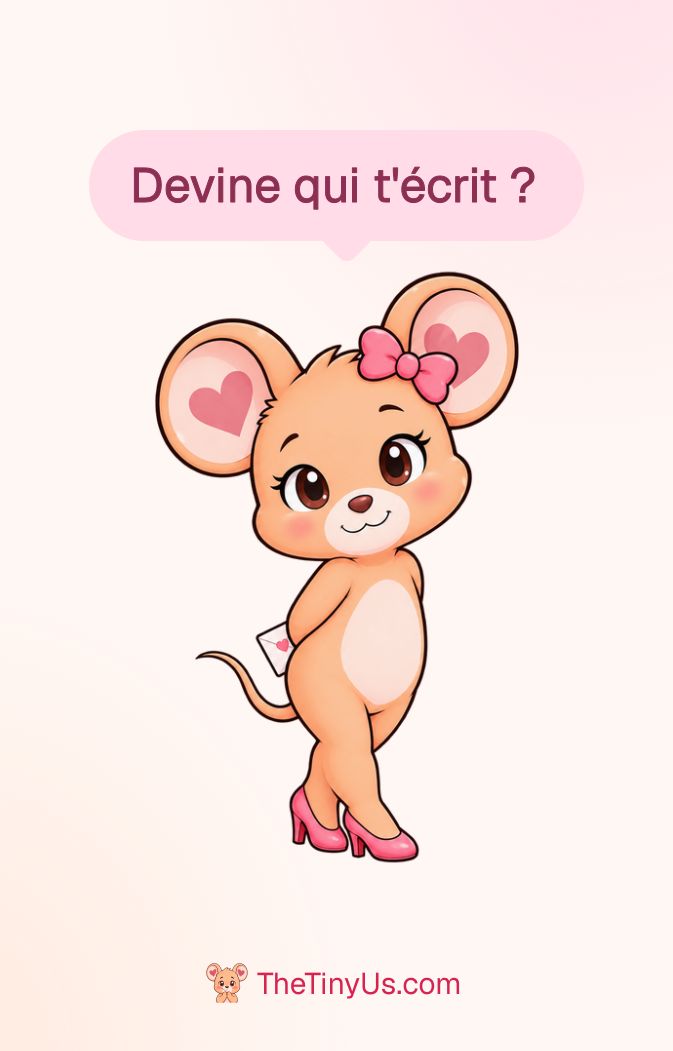 Recto de la carte imprimée : la souris tient une lettre et demande « Devine qui t'écrit ? »